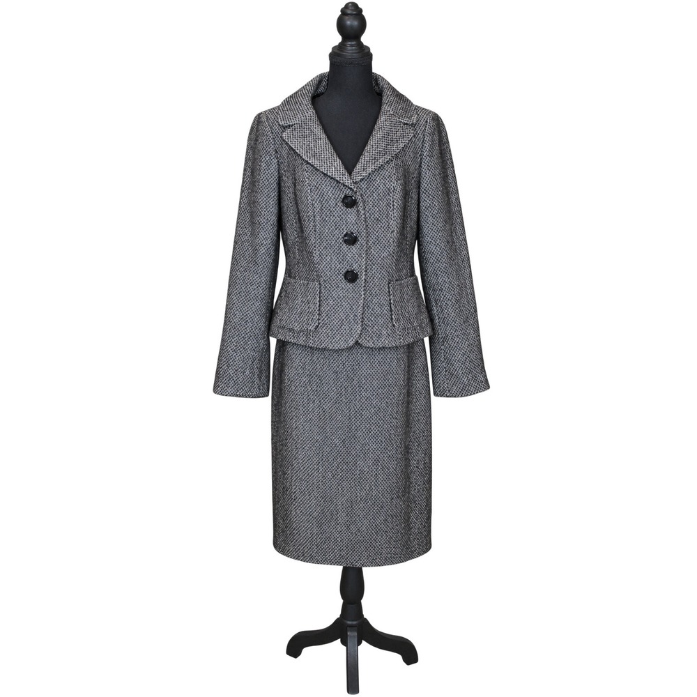 Ann Taylor Vintage Tweed Skirt Suit Set Grey Black Size 8 Workwear Office Siren